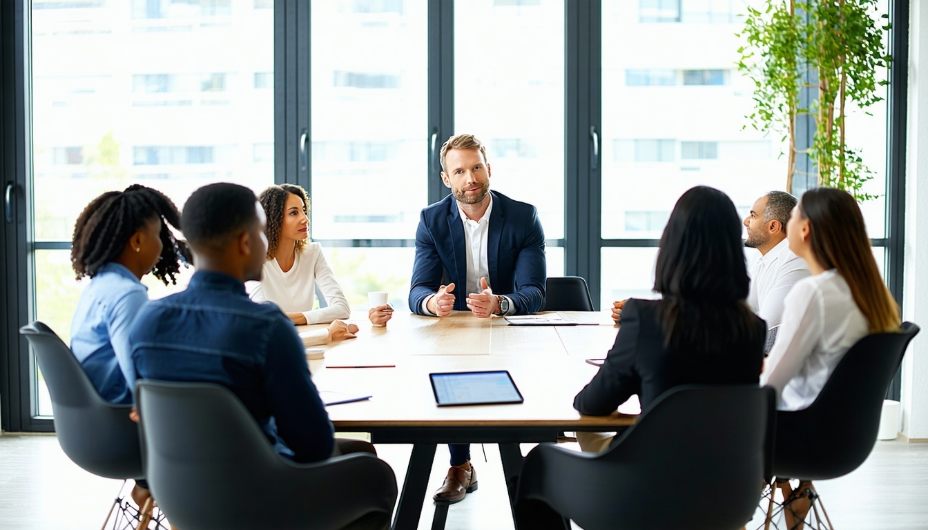 Business coach leading a strategy session with senior management team
