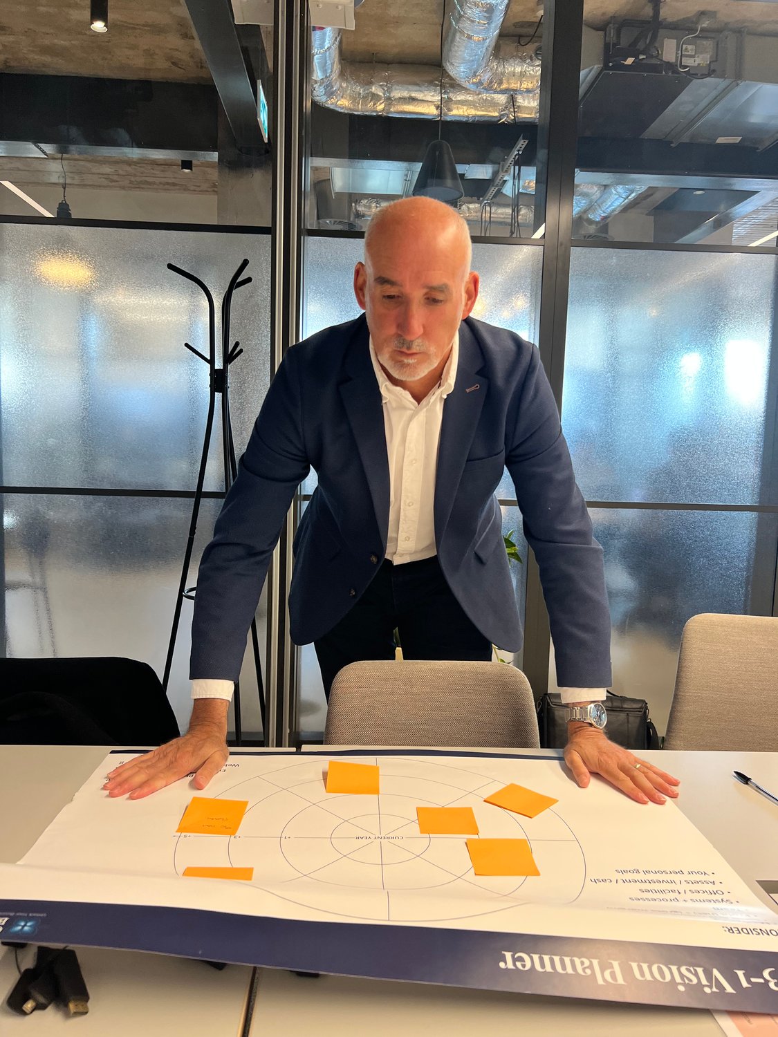 Simon reviewing planner